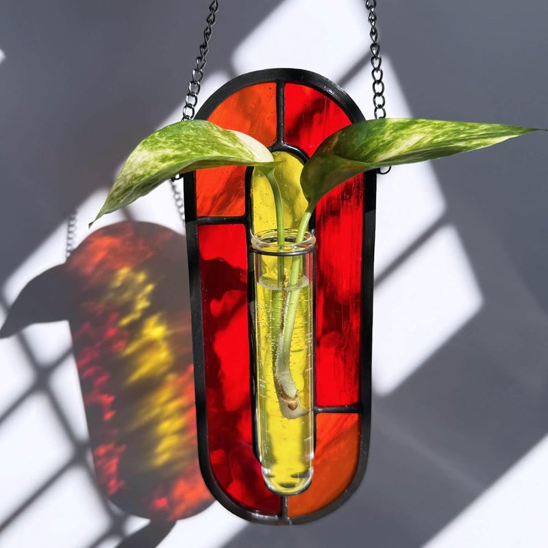 LITMIND Transparent Orange Stained Glass Propagation Station - Handcrafted Suncatcher Hanging Planter with 2 Glass Tubes, Multi-Color Hydroponic Wall Décor for Windows, Home & Garden - Image 4